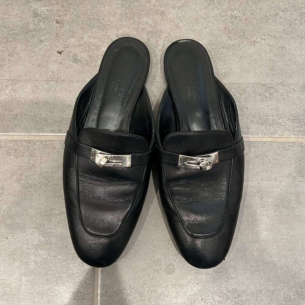 Hermes Black Leather Mules with Silver Buckle - Picture 2 of 7